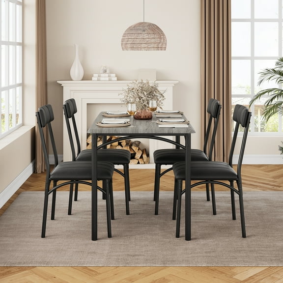 Garvee Dining Table Set for 4, Kitchen Table and Chairs, Metal and Wood Rectangular Dining Room Table Set with 4 Upholstered Chairs, 5 Piece Dining Set for Small Space, Apartment, Grey