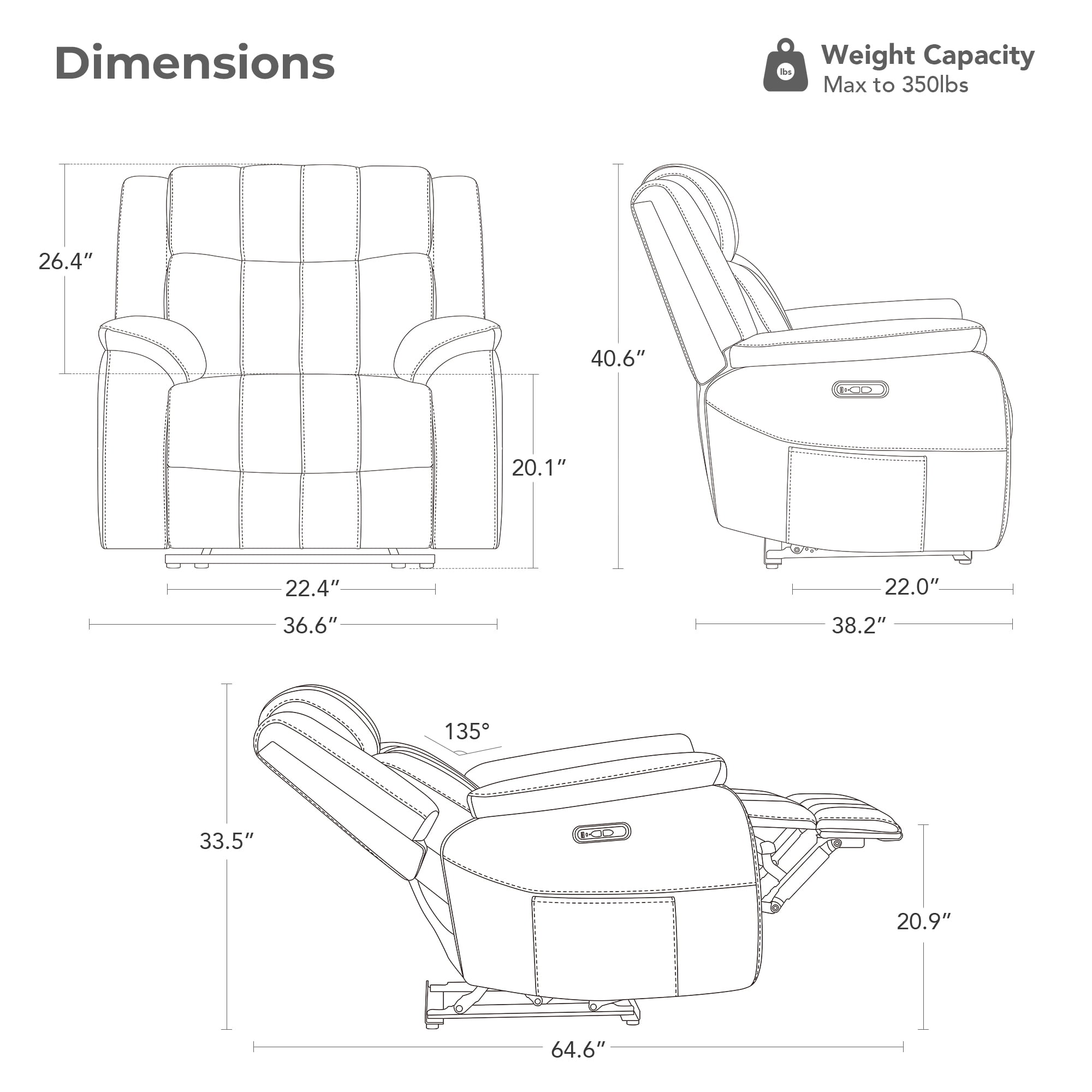 Spruce & Spring Power Recliner Chair, Modern Faux Leather Wall Hugger Electric Recliner Sofa with Channel Tufted Back and Overstuffed Armrests, Adjustable Living Room Single Sofa, Gray