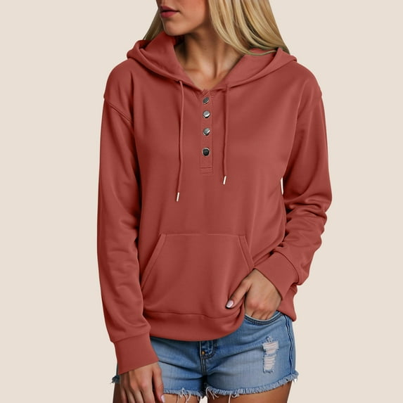 Quealent Half Boutton Womens Hoodies Drawstring Hooded Sweatshirts for Woman With Pocket Brown for Size S