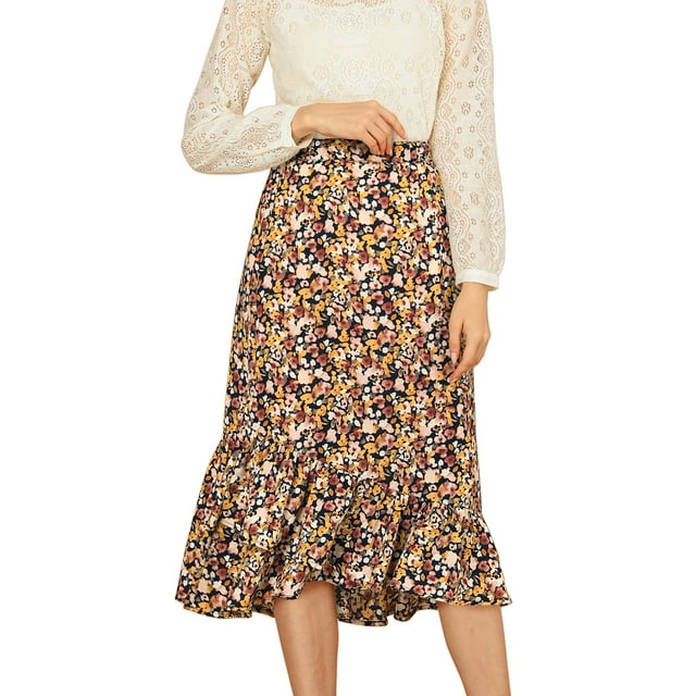 Falda vintage con volantes Allegra K Otoño Floral Naranja XS