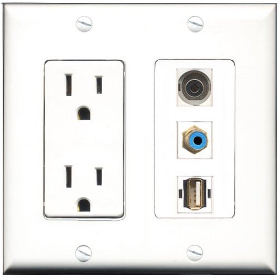 RiteAV - 15 Amp Power Outlet 1 Port RCA Blue 1 Port USB A-A 1 Port 3.5mm Decorative Wall Plate