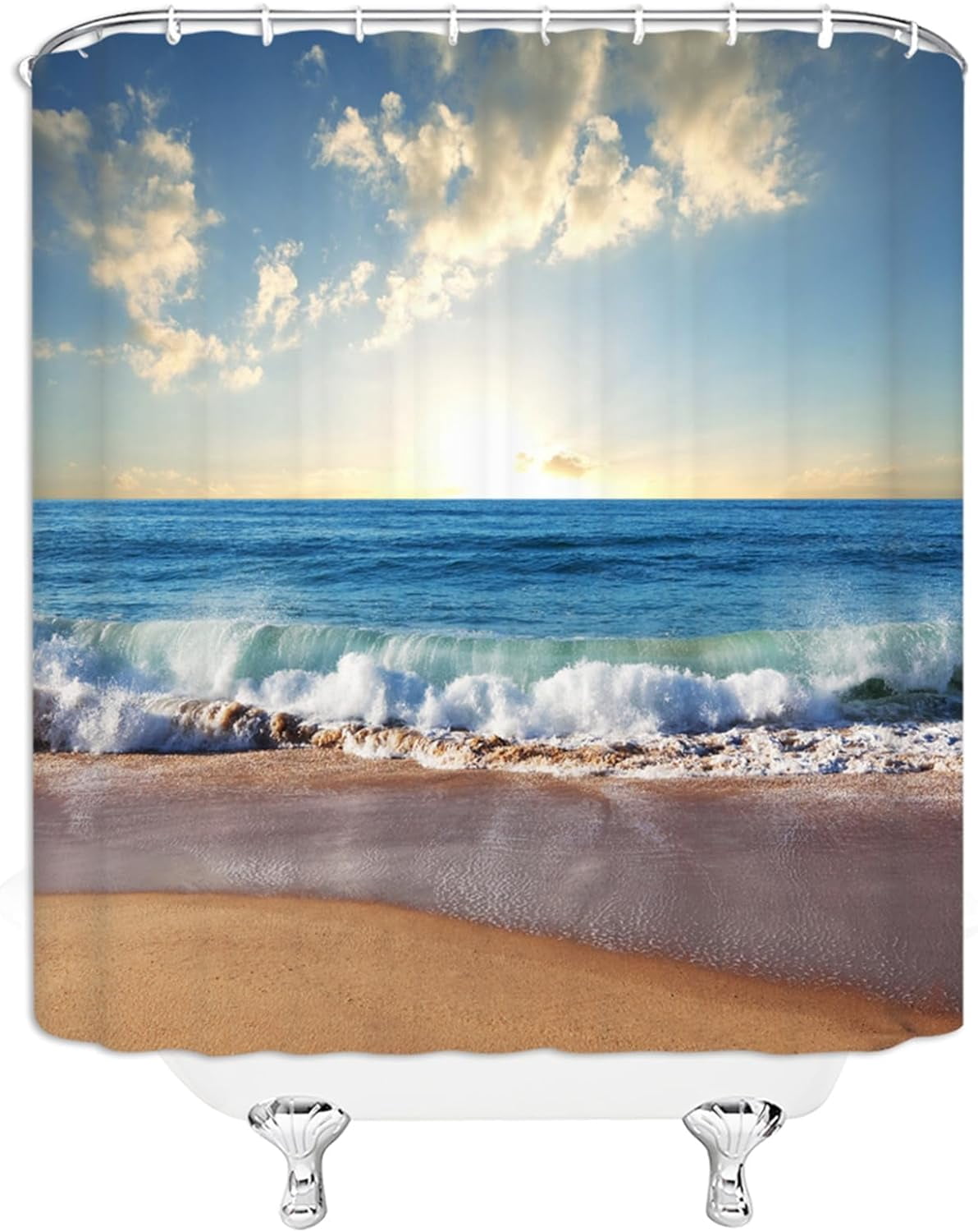 Sunset Beach Shower Curtain Tropical Ocean Landscape Orange Sky Hawaiian Coastal Seascape Sea Waves Summer Seaside Nature Scenery Bath Curtain with Plastic hookss