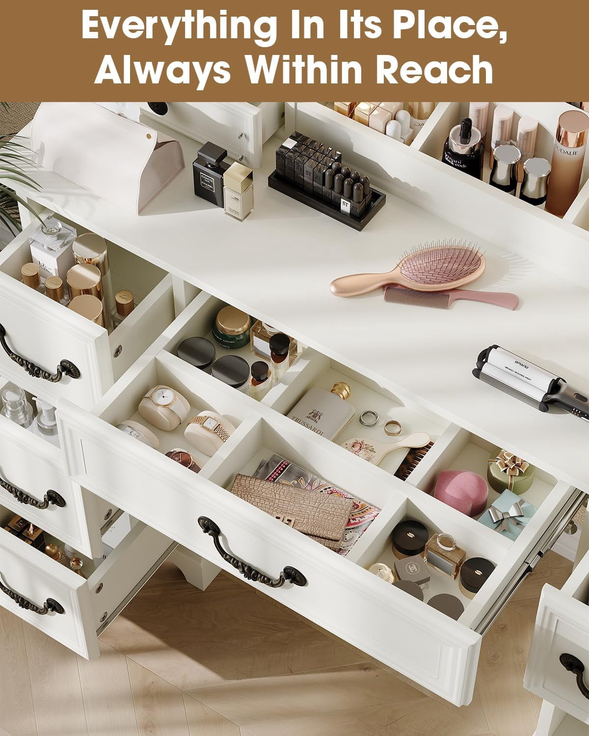 LAZZO Vanity Desk with Mirror & Lights, Makeup Vanity with Drawers, Power Outlets & Magnifying Mirror, White