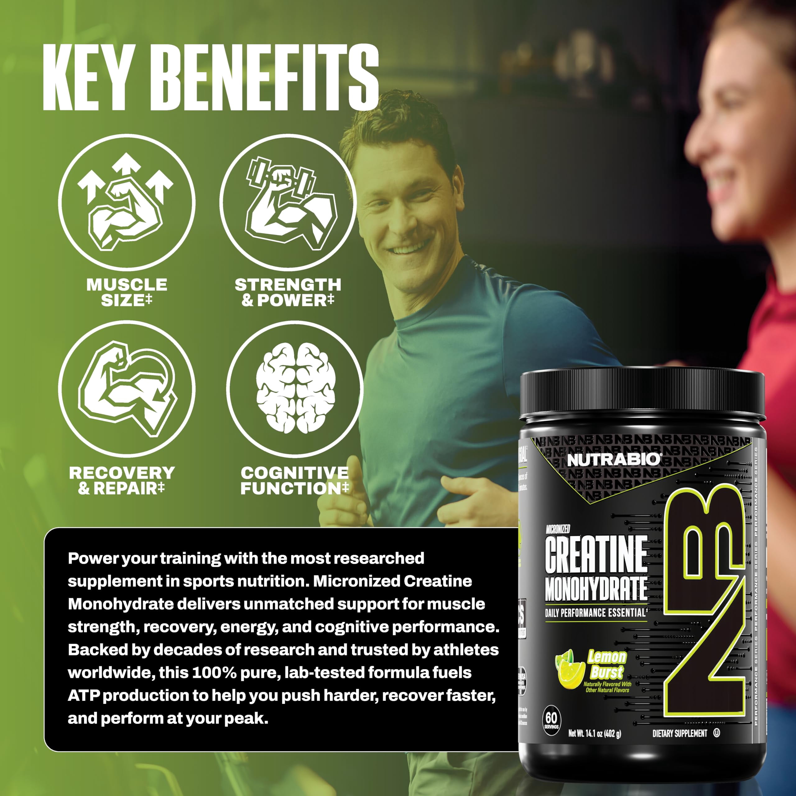 NutraBio Pure Creatine Monohydrate Powder Supplement, Lemon Burst, (300 g) - Supports Bulk Muscle Energy, Recovery, and Strength - HPLC Tested Pure Grade Creatine Powder Supplement for Men and Women