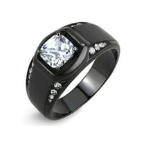7x7mm Cushion Cut CZ Center Two Row Side Stone Black IP Stainless Steel Mens Ring - Size 9