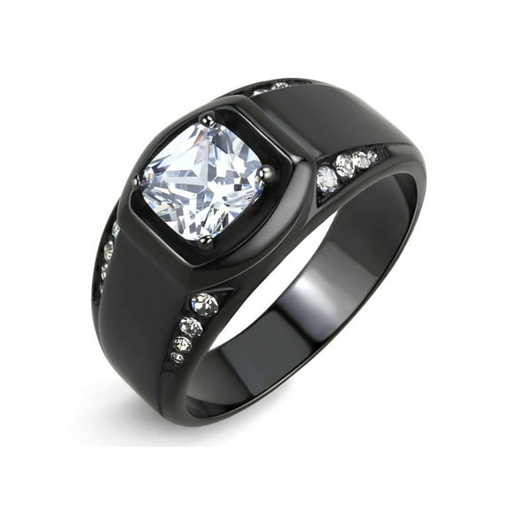 7x7mm Cushion Cut CZ Center Two Row Side Stone Black IP Stainless Steel Mens Ring - Size 9