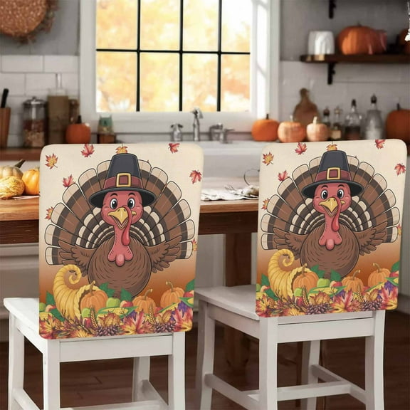 Thanksgiving Chair Covers Set of 4 Fall Turkey Pumpkin Maple Leaf Vegetable Chair Back Covers Stretch Removable Washable Slipcovers Protector for Dining Room Kitchen Party Decor