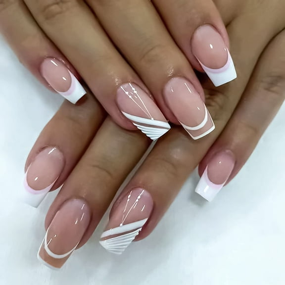 24 Pcs Press on Nails Medium Square Fake Nails French Tip White Line Design Glossy Artificial Nails Nude Pink Acrylic False Nails for Women and Girls Style 9 0.04 Fl Oz (Pack of 24)