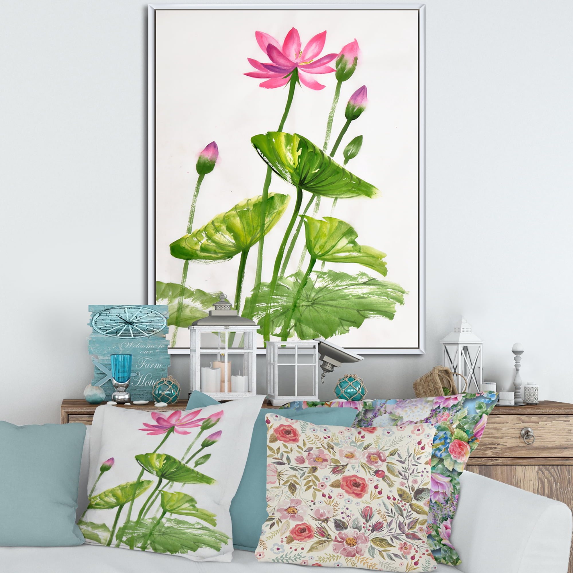 Designart 'Pink Vintage Lotuses In The Pond VII' Traditional Framed Canvas Wall Art Print