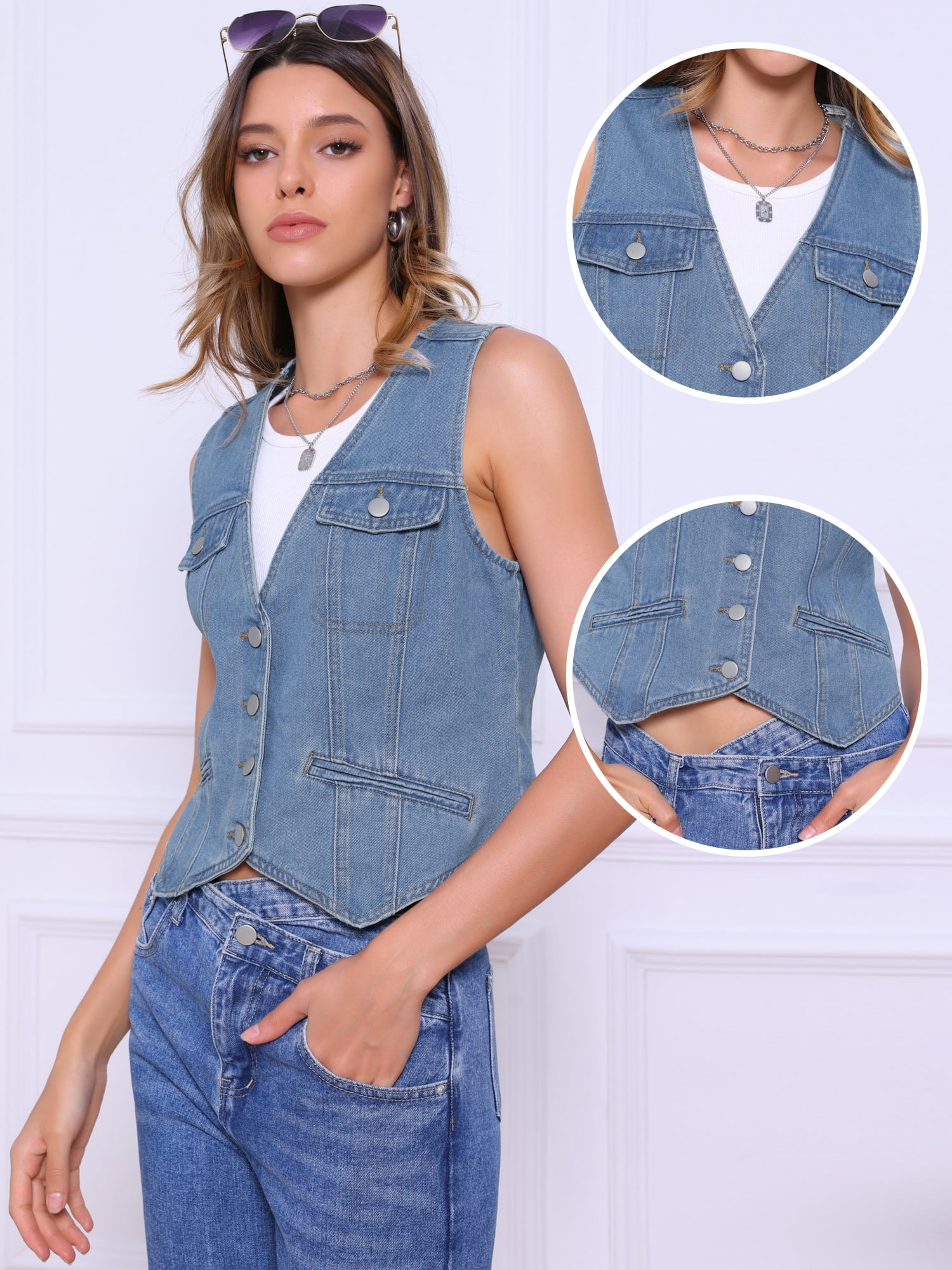 DARING DIVA Women's V Neck Western Waistcoat Sleeveless Jean Jacket XS Blue