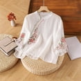 thumbnail image 2 of MIXUE Womens Summer Tops Solid Color Floral Embroidered Round Neck Long Sleeve Loose Retro Shirts For Women T-shirts Sportwear,White,L, 2 of 3