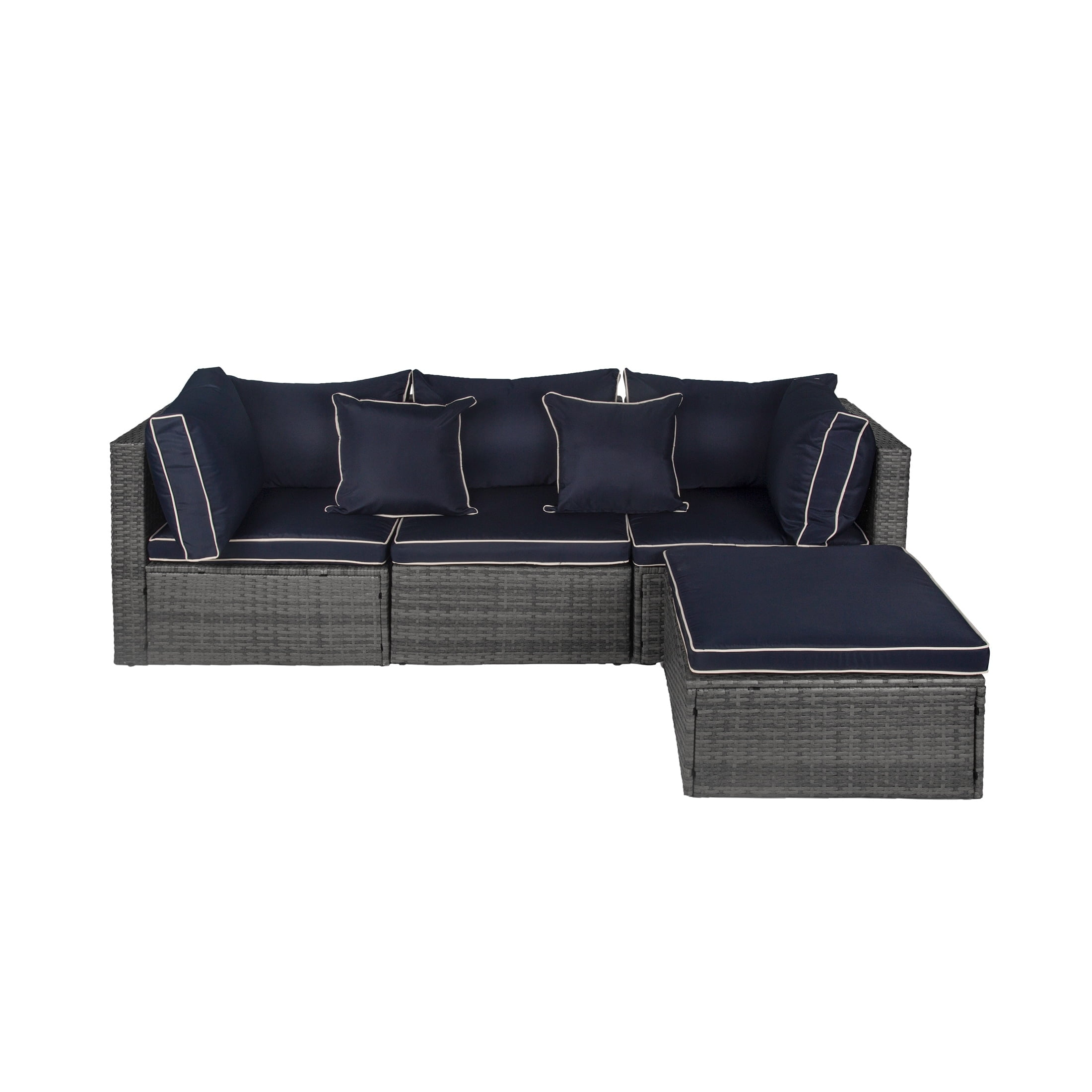 Westin Outdoor 4-Piece Rattan Wicker Patio Sofa Sectional Set with Back Cushions UV Weather Resistant, Gray/Navy Blue