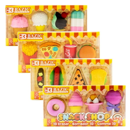 BAZIC 3D Erasers, Food Mini Pencil Eraser (4/Pack), for Bulk Party Favors, Prizes, 4-Packs