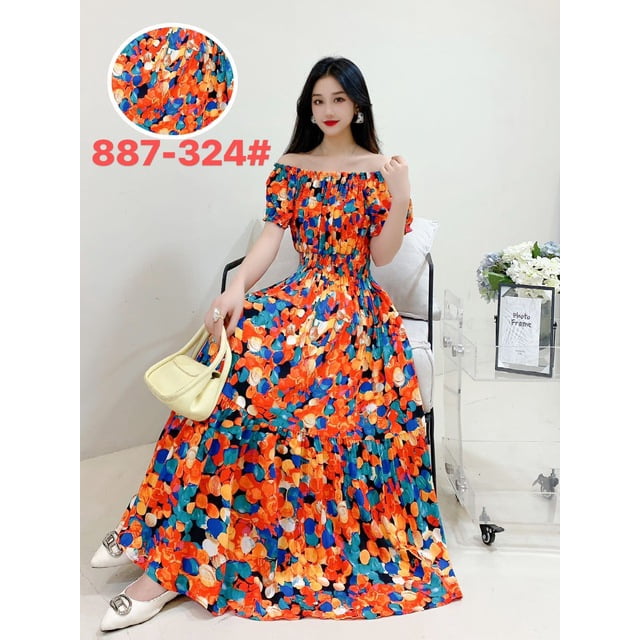 JUNWELL Robe Vestidos Maxi Longue Robe Femmes Été Vêtements Indiens Bohème Coton Lin Floral Manches Courtes Style Coréen Décontracté