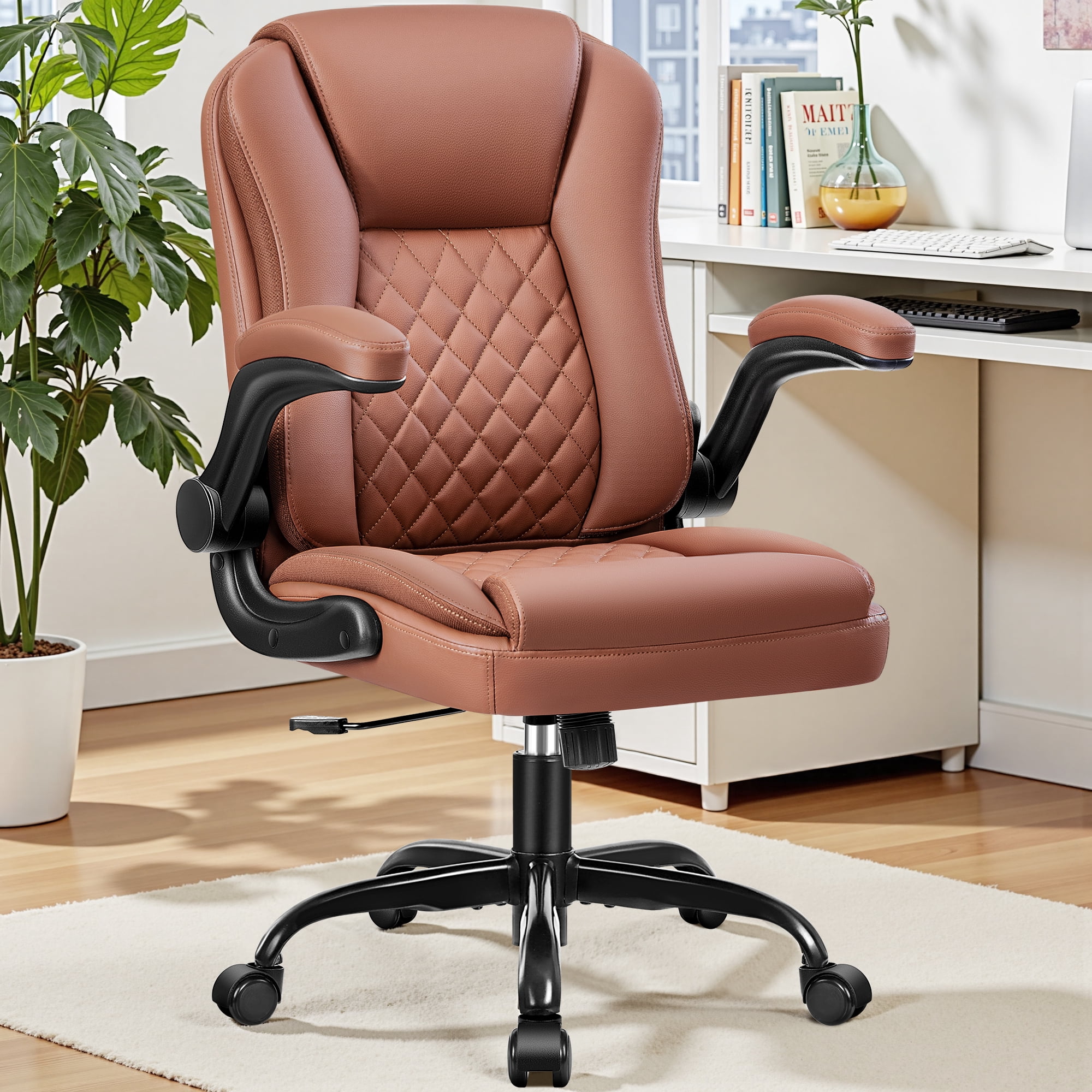 ATHOPE Leather Office Chair, 400lbs Ergonomic Desk Chairs with Back Support, Computer Chair with Wheels and Adjustable Armrest for Home Office, 360°Swivel Free, Brown