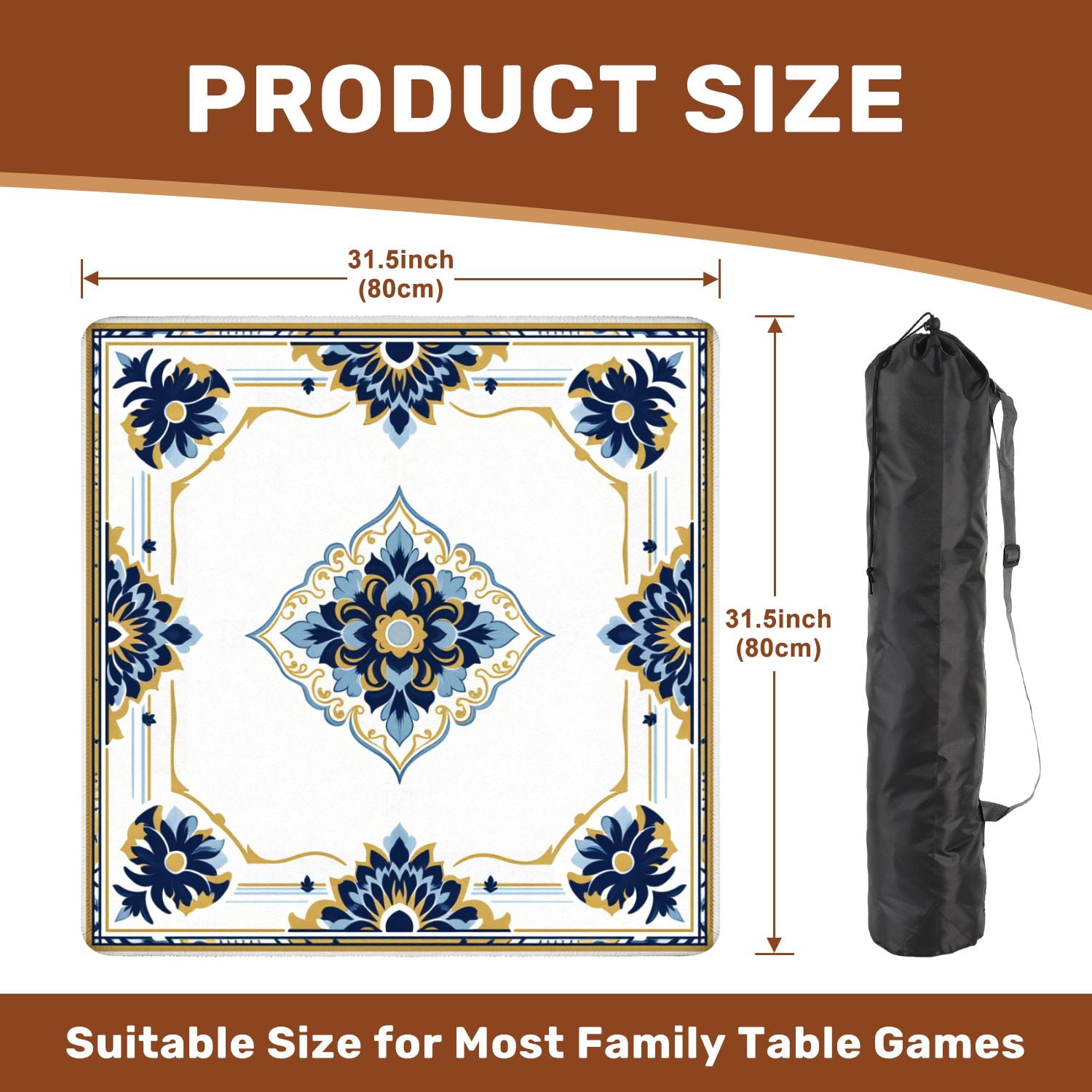 Mahjong Mat 31.5" x 31.5" Ornamental Floral Tile Blue Navy Gold Symmetrical Decorative Motifs Non-Slip Noise Reduction American Mahjong Tiles Table Cover for Dominoes Poker Card Board Games Gift