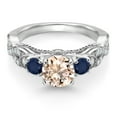 thumbnail image 2 of Gem Stone King 925 Sterling Silver Peach Morganite Blue Sapphire and White Moissanite Engagement Ring for Women (1.17 Cttw, Gemstone October Birthstone, Round 6MM and 3MM, Size 5), 2 of 4