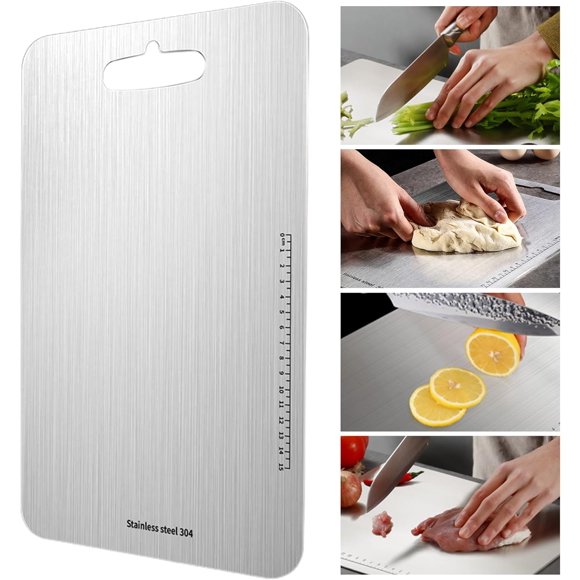 Benustra Double Sided Cutting Board,2mm Thick 304 Stainless Steel Chopping Board with Scale Mark for Kitchen Camping,Food-Grade Cutting Mat for Meat Vegetable Fruit,Dishwasher Safe(14.2" x 9.8")