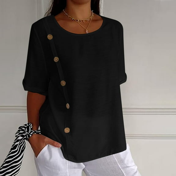 Rezuofi 2 Pcs Women's Cotton Linen Tops Basic Summer Crewneck Button T Shirts Casual Loose Cute Tee Clothes Trendy Fashion Outfits