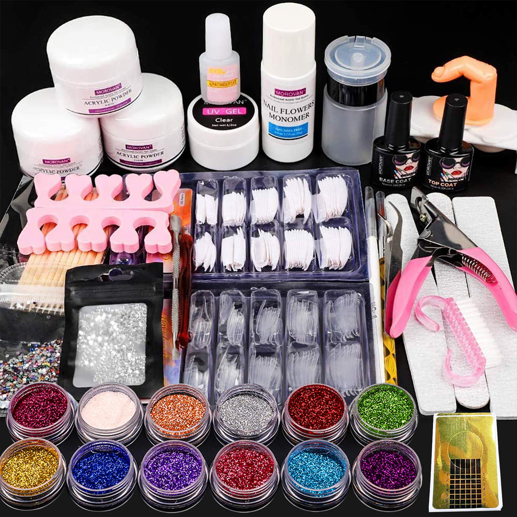 MOROVAN Acrylic Nail Kit - 12 Glitter Powder and Liquid Monomer Set ...