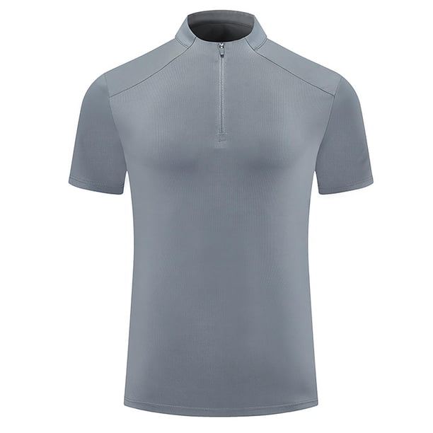 pstuiky Camisas de verano para hombre, de color sólido, transpirables, de malla elástica, ajustadas, cómodas, deportivas, informales, con cremallera, de manga corta y cuello redondo