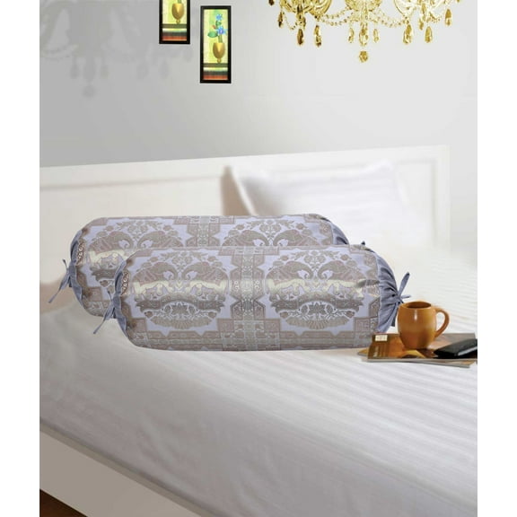 Stylo Culture Ethnic Cylindrical Brocade Bolster Pillow Covers Grey Gold Elephant Silk Jacquard Weave Round Meditation Pillow Traditional Floral Tubular Cushion Covers - (76x38 cm) | Set of 2 Pcs