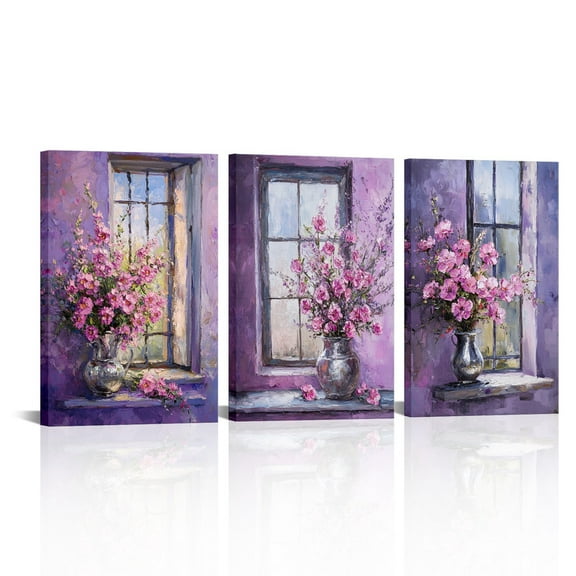 Farmhouse Oil Painting Canvas Wall Art Framed Window View with Floral Vase Decor Paintings for Living Room Bedroom