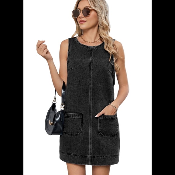 Womens Sleeveless Denim Dress Casual Summer Crewneck A Line Overall Mini Dress Jean Jumper Pinafore with Pockets Black Grey XL