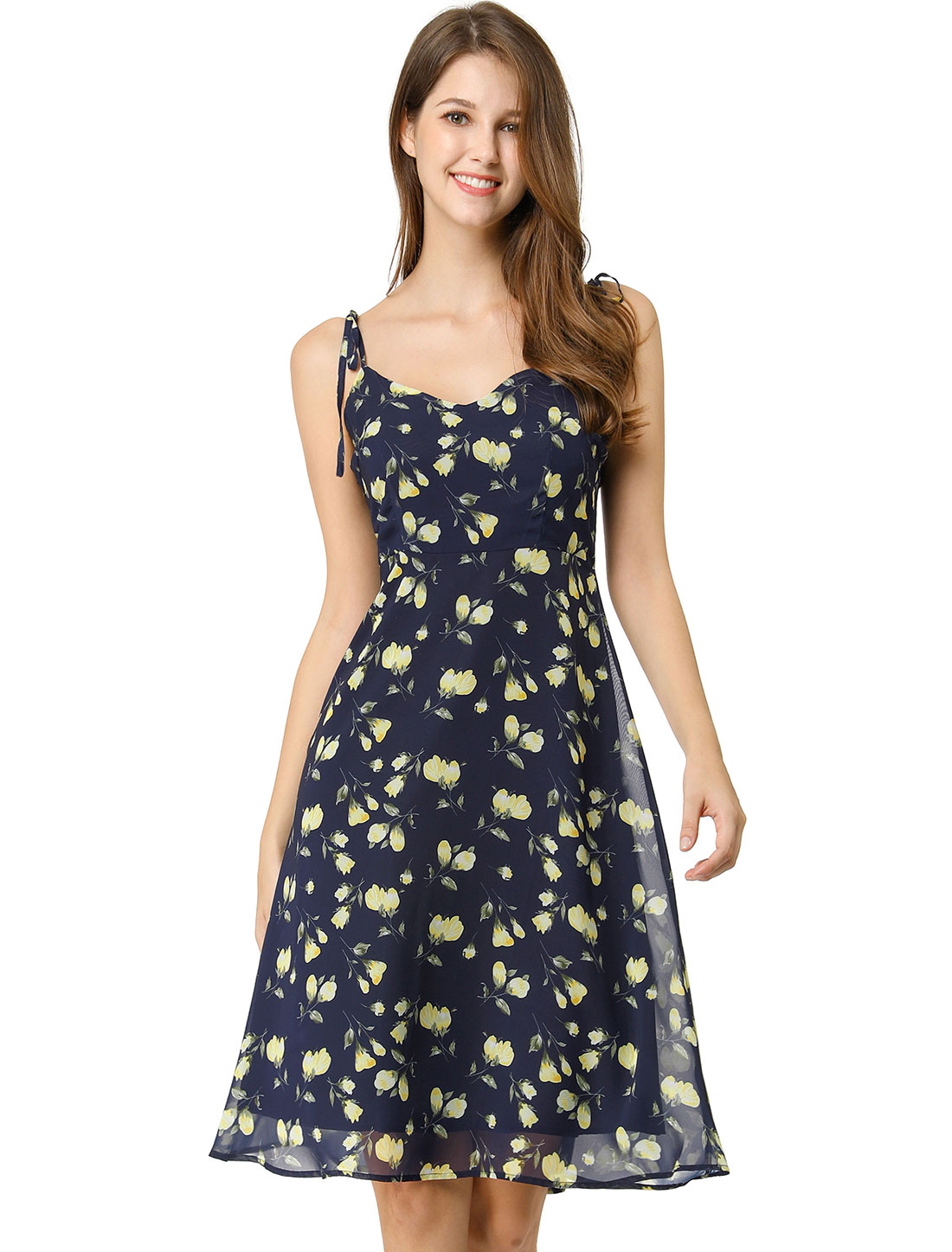 Women's Spaghetti Strap Summer Midi Floral Print Dress Blue M | Walmart