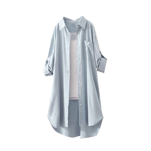 Outfmvch Linen Button Down Shirt Women Womens Cotton Linen Button Down Shirts Lapel Long Blouses Tops Womens Button Up Shirts Boyfriend Dress Shirt Blue L