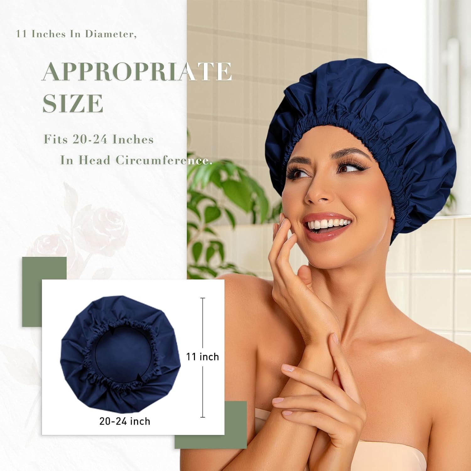 Reusable Shower Cap for Women, Large Waterproof Bonnet with Elastic Band, Washable Bath Hair Long, Curly Hair, Braids, Daily Shower, Home Spa, Travel(Navy)