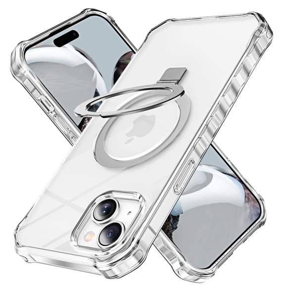 Clear Case for iPhone 15, Corner Protective Comfortable Grip Shockproof Anti-Yellowing Ring Kickstand Wave Frime Stylish Phone Cover for Apple iPhone 15, Clear
