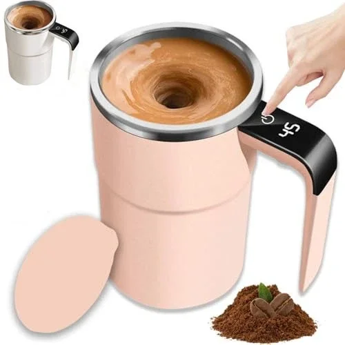 Automatic stirring mug with digital temperature display, magnetic electric coffee mug, stainless steel stirring mug with lid, suitable for coffee, milk tea, and protein shakes (pink)