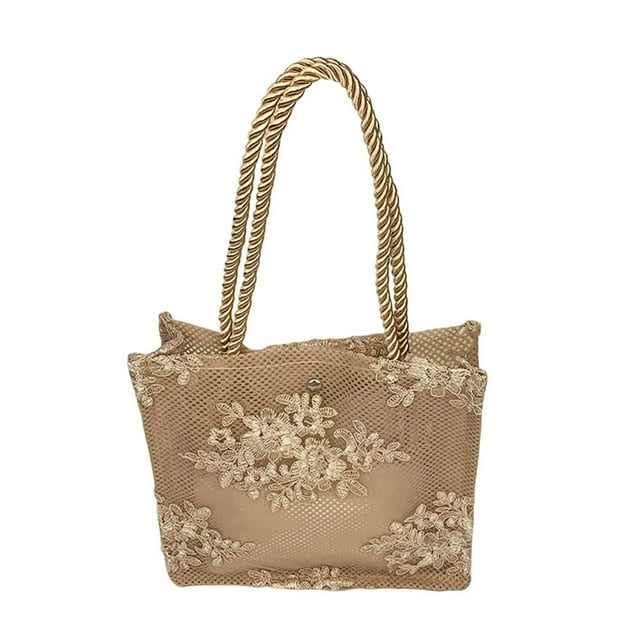 Beach Bag Foldable Lace Design High Capacity Square Exquisite Clothing Matching Wear-resistant Women Embroidery Tote Handbag Daily Use