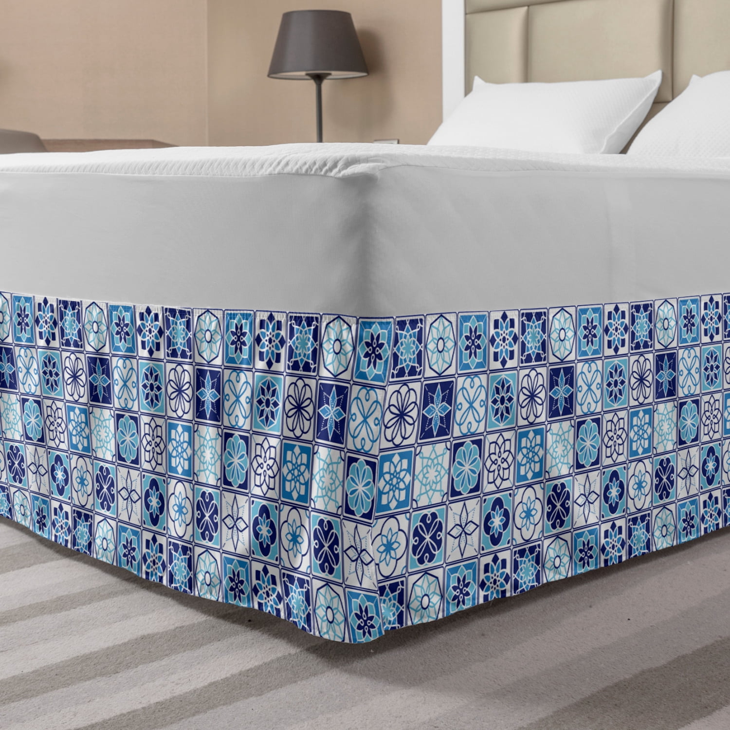 Azulejo Bed Skirt, Folkloric Portuguese Pattern with Floral Motifs in ...