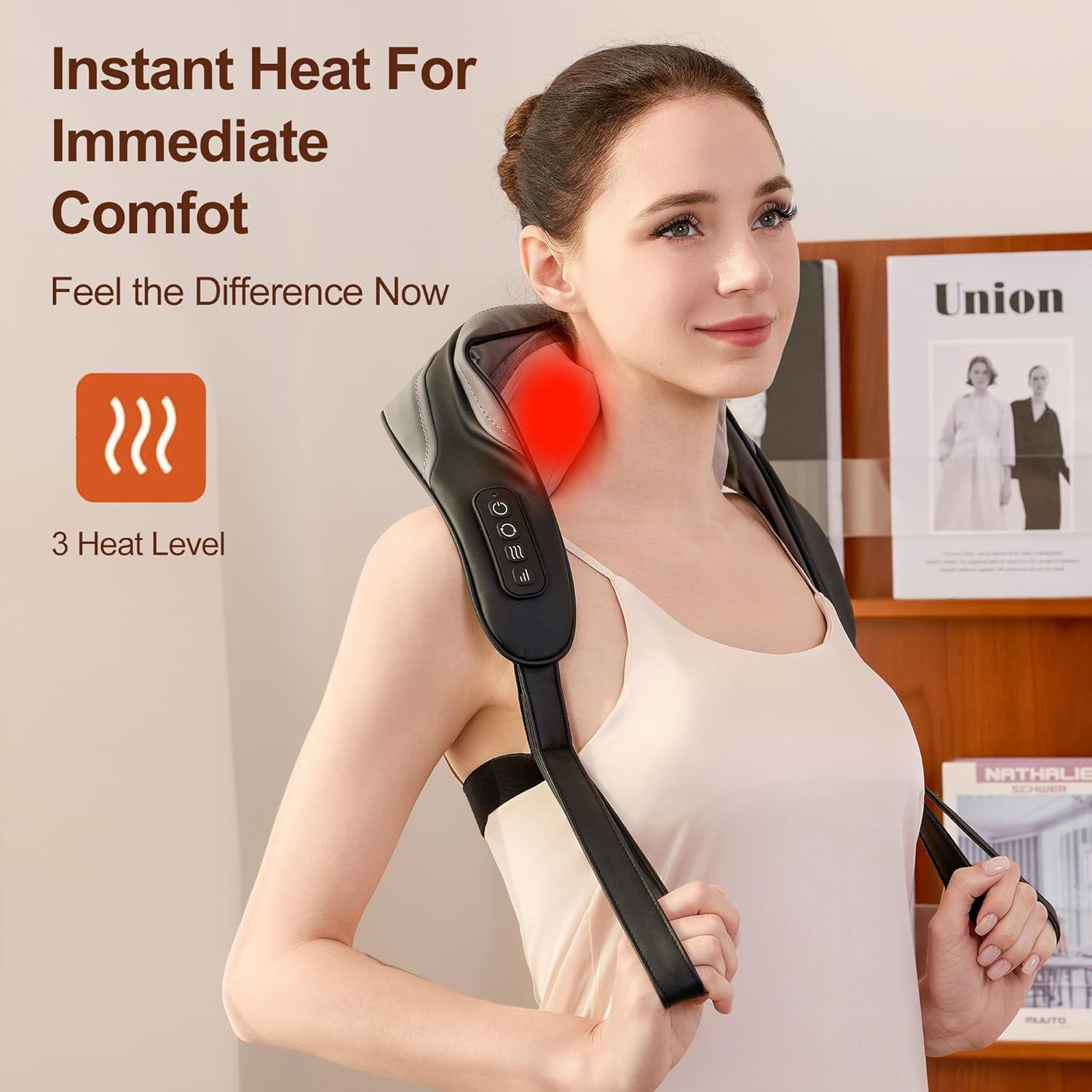 Neck Massager with Heat and Compression for Deep Tissue Pain Relief, Wireless Shiatsu Shoulder Back Massager Pillow for Muscle Relaxation, Travel Gift for Men Women (Black)