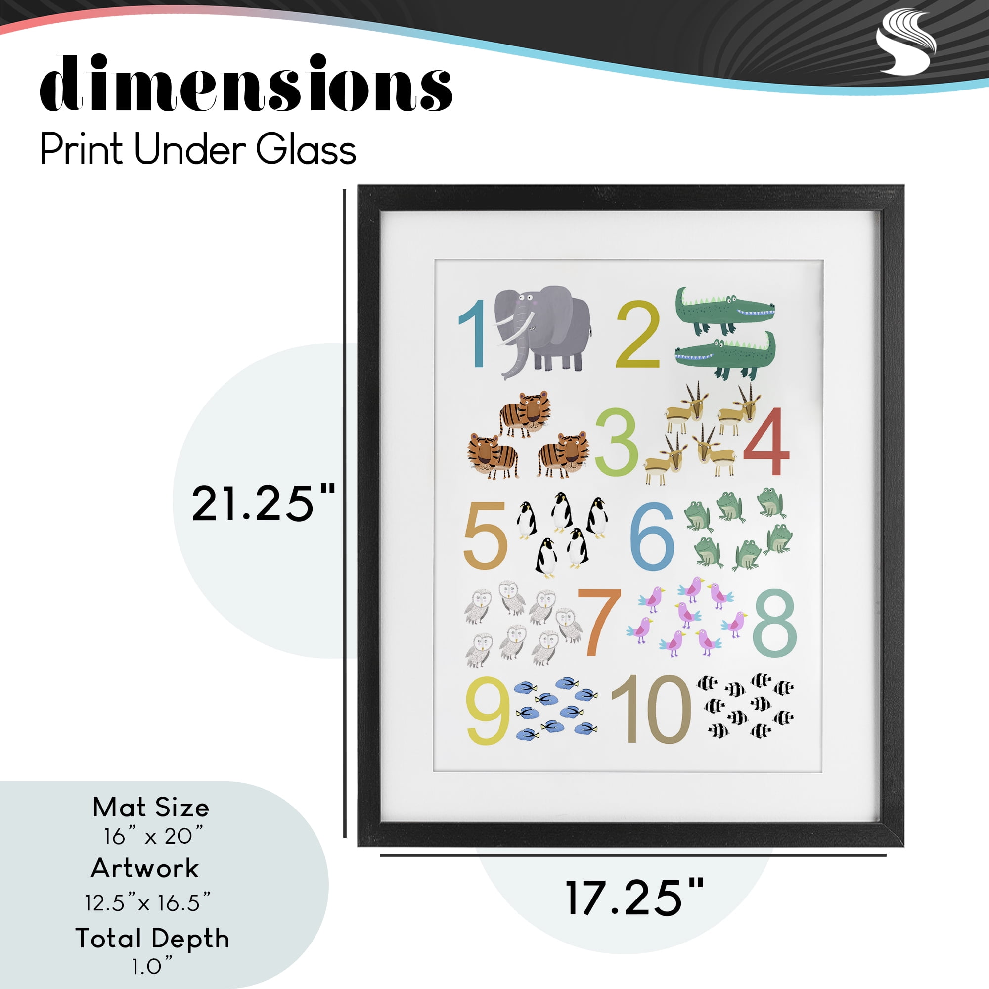 Kid's Counting Animals Black Framed Print Under Glass, design by Carla Daly