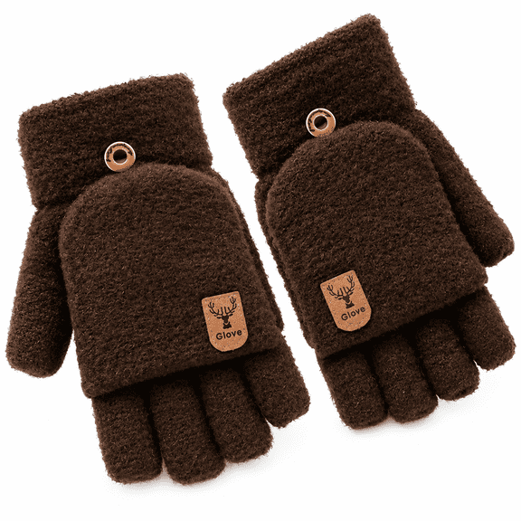 FLORNIX Brown Gloves Mittens Winter Knitted Fingerless Gloves Thermal Insulation Warm Convertible Mittens Flap Cover for Men Women