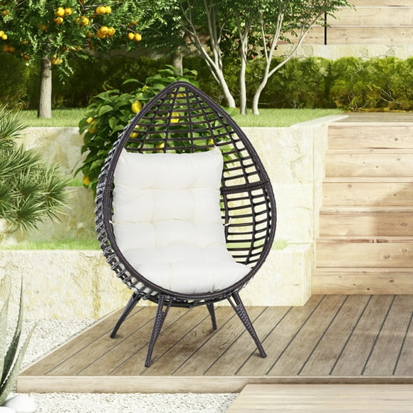 Patio Wicker Egg Chair w/Soft Cushion, Teardrop Cuddle Seat, Outdoor/Indoor Patio Chair, PE Plastic Rattan Furniture with Adjustable Height Feet Pads, Beige