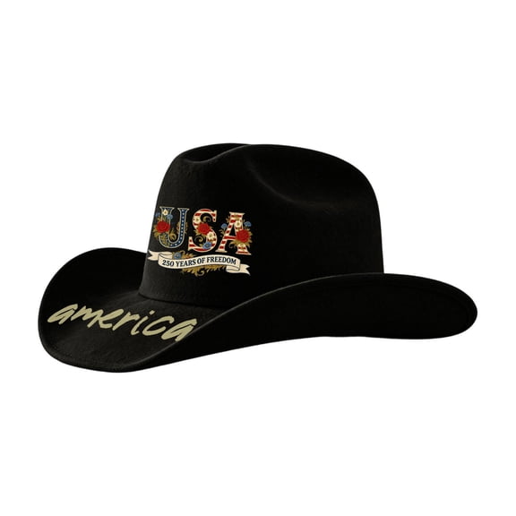 JULMCOMO 250th Anniversary USA Cowboy Hat Felt Stars Stripes Roll Up Vintage Patriotic Hat for Independence Day Black