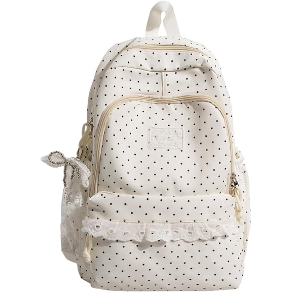 PRIYAL Polka Dot Backpack Cute Coquette Backpack with Lace Trim Kawaii Back Pack Everyday Daypack for Weekend