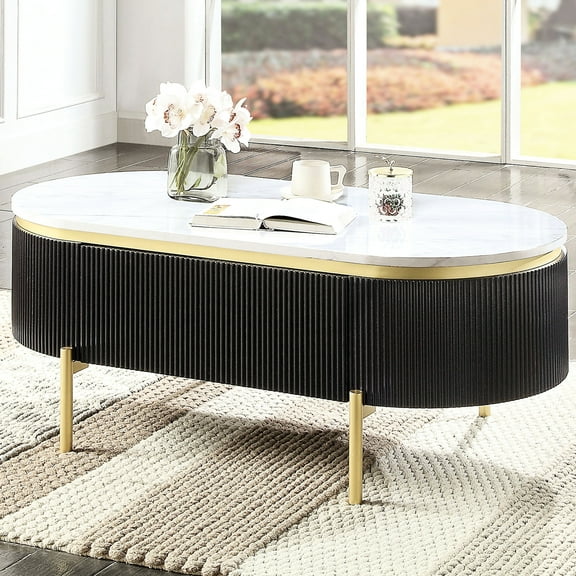 Glamorous Living Room Coffee Table With Dark Walnut And White Faux Marble Top Modern Gold Steel Legs