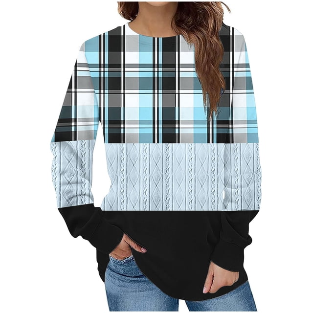 KIHOUT Chandails en Molleton de Mode pour Femmes, Manches Longues Décontractées à Carreaux Patchwork Col Rond Ample Blouse Chandail Tops, Taille P-2TG