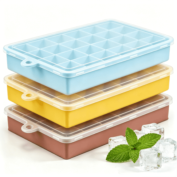 Axidou Ice Trays for Freezer, 3 Pack, Silicone Ice Cube Trays with Lids, BPA Free, Blue Yellow Pink