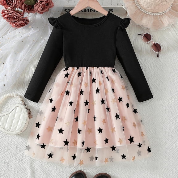 Girls Sparkle Star Long Sleeve Dress, Black Pink Tulle Party Dress with Ruffle Shoulder for Kids Kids,Size 7-8 T