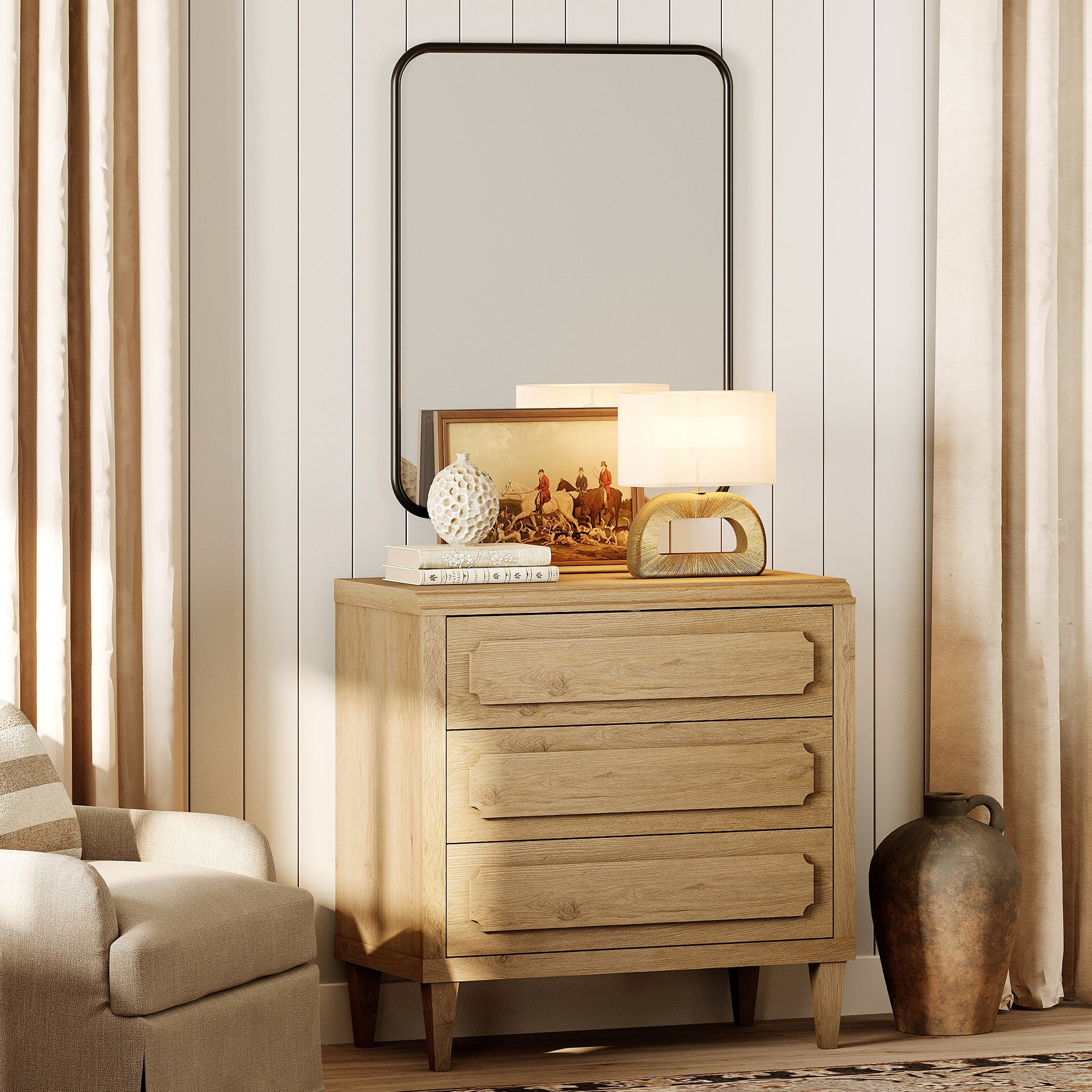 WAMPAT Large Wood Nightstand with 3 Drawers