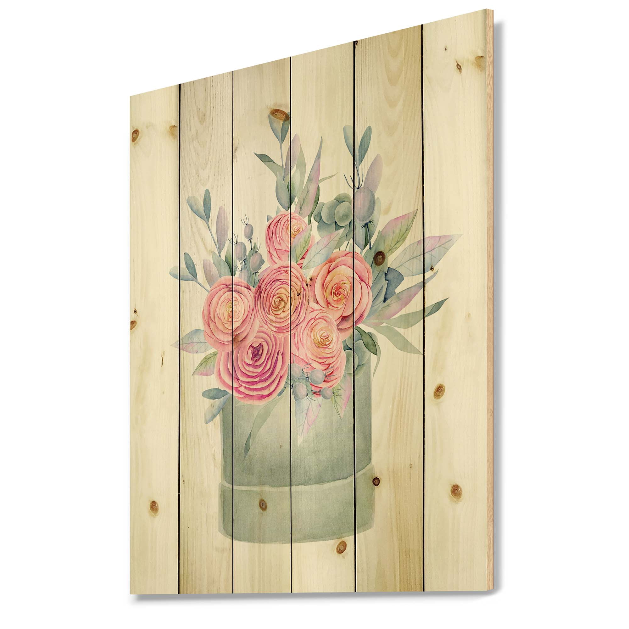 Designart 'Pink Roses With Gift Box' Farmhouse Print on Natural Pine Wood