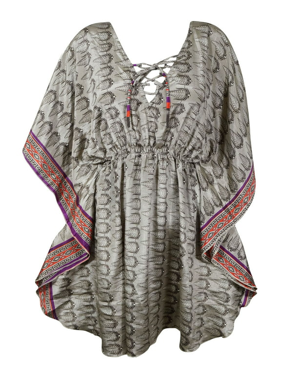 Mogul Women's Caftan Short Dress, Gray Tunic Kaftan M-XL