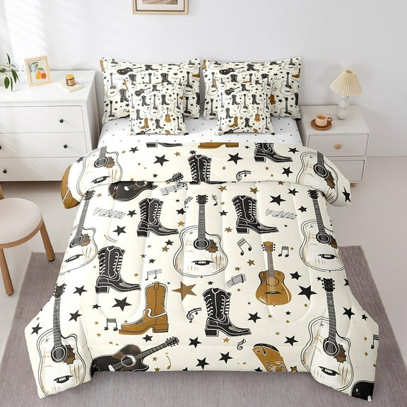 Erosebridal Rustic Shoes Bed in a Bag Twin size, Western Cowgirl Bed Set, Guitar Music Decor, Reversible 7-Piece