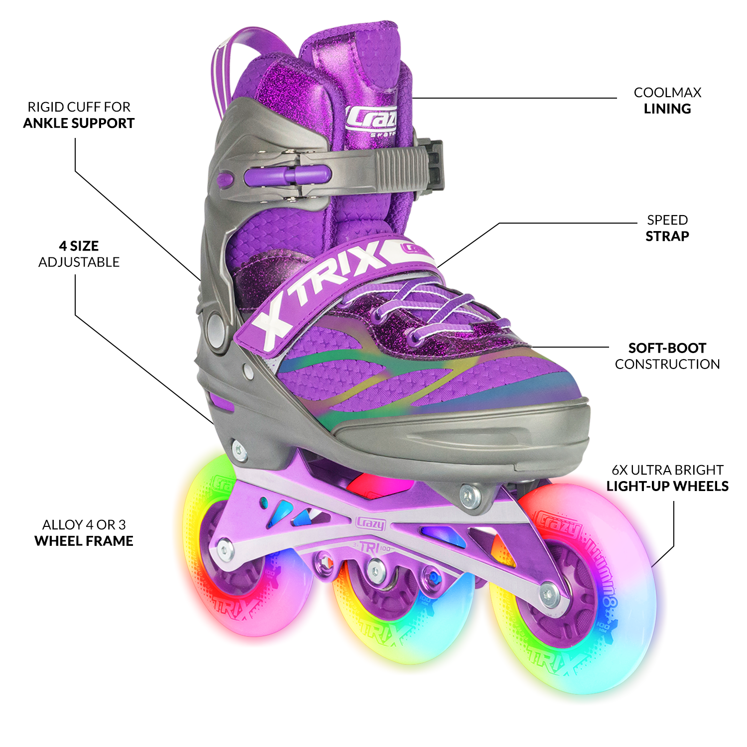 Crazy Skates Trix Size Adjustable Inline Skates with Light Up Wheels - Available with 3 or 4 wheels